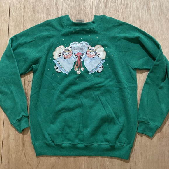 Vintage Hanes Her Way Angels “We Have Herd‎ On High” Green Sweatshirt - Picture 1 of 6